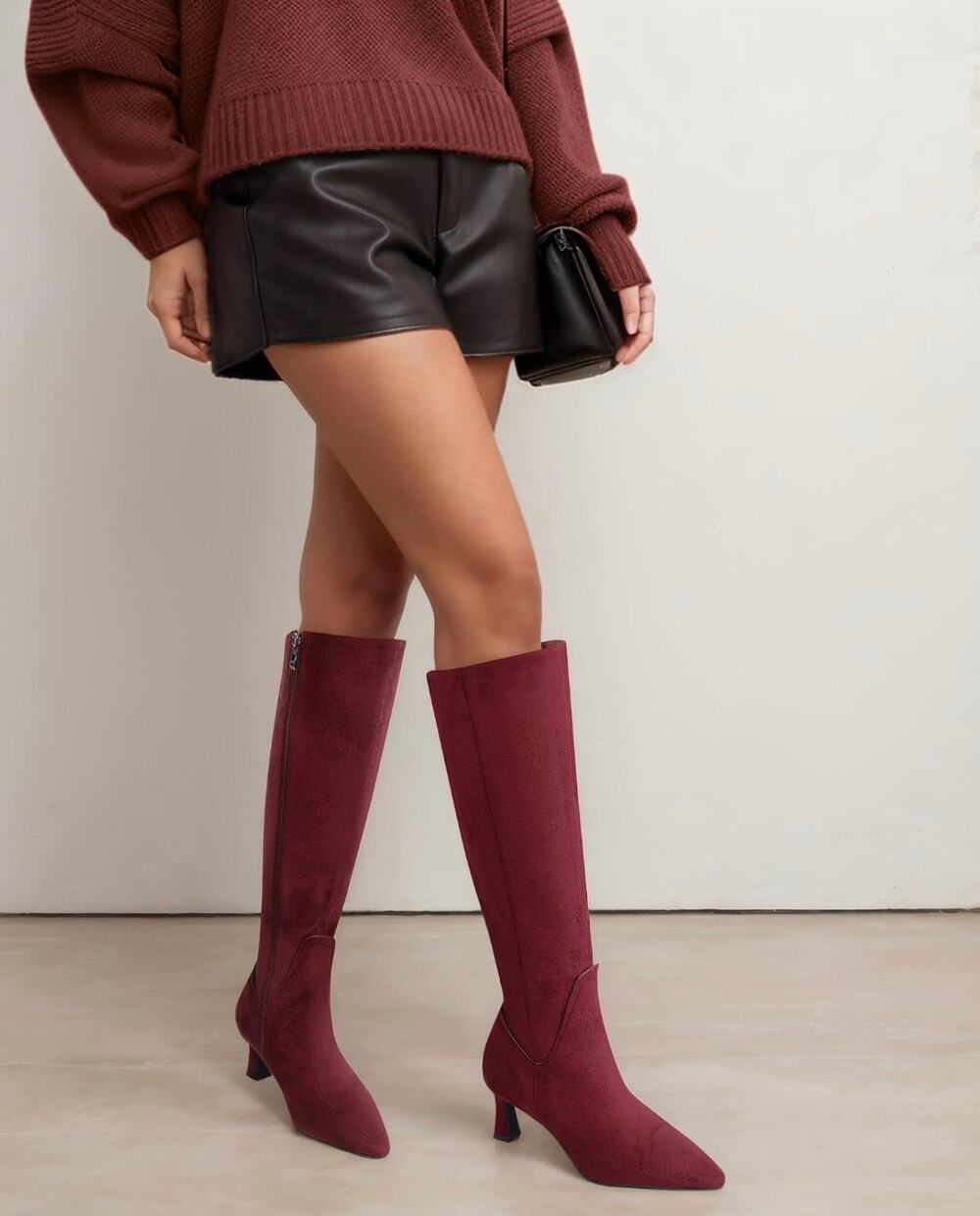 Muccute Campus Knee-High Boots Women Size 6 Maroon Suede Chunky Block Heels NIB